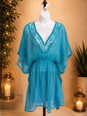 Sheer Turquoise Lace V-Neck Tunic Swim Cover-Up One Size